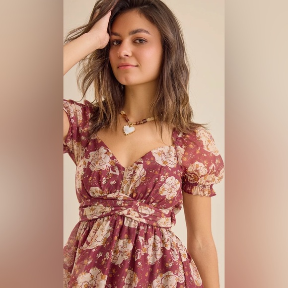 Altar’d State Burgundy & Cream Chiffon Floral Midi Dress by Blue Pepper Size M - Picture 4 of 9